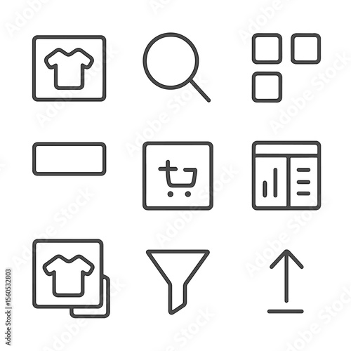 Product Icon Set. Outline icon set of Product Browsing and Selection: product thumbnail, zoom lens, color swatch, size selector
