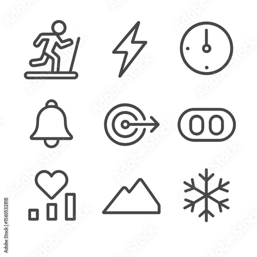 Interval Training Icon Set. Outline icon set of interval training features: warm-up icon, sprint burst lightning, recovery timer,