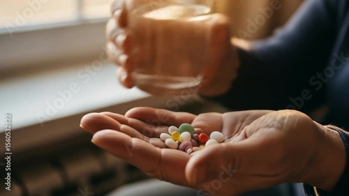 Senior Woman Taking Medication with Water, Close-Up on Pills and Hands, Healthcare Concept