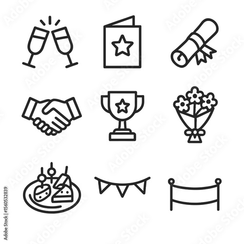 Job Promotion Icons. Outline icon set of job promotion toast: clinking champagne glasses, congratulatory card, certificate scroll,