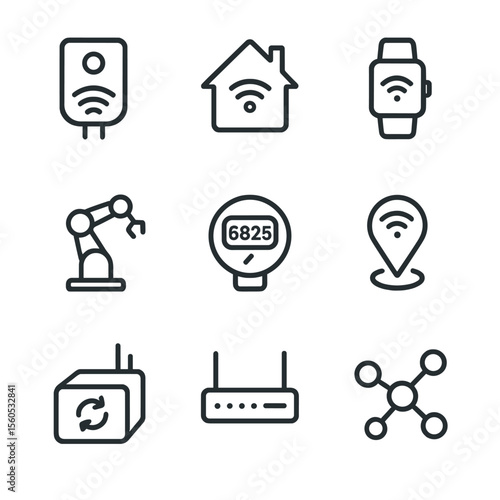 IoT Icons Grid. Outline icon set of Internet of Things integration: smart sensor, connected home, wearable watch, industrial robot
