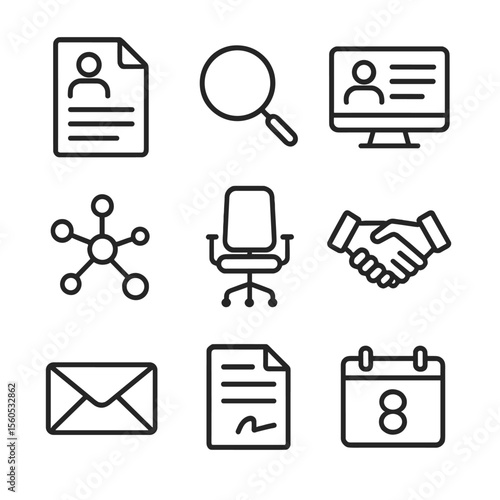 Job Search Icons. Outline icon set of job search and recruitment tools: resume document, magnifying glass, job board screen,