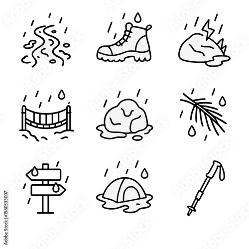 Rainy Hiking Icons. Outline icon set of rain-soaked mountain trails: muddy path, wet hiking boot, slippery rock, rain-soaked rope