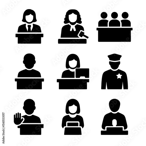 Courtroom Icon Set. Solid, filled icon set of trial participants: lawyer, judge, jury, defendant, plaintiff, court clerk, bailiff,