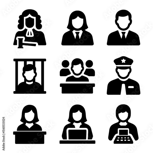 Courtroom Icons Grid. Solid, filled icon set of trial participants: judge, defense attorney, prosecutor, defendant, jury member,