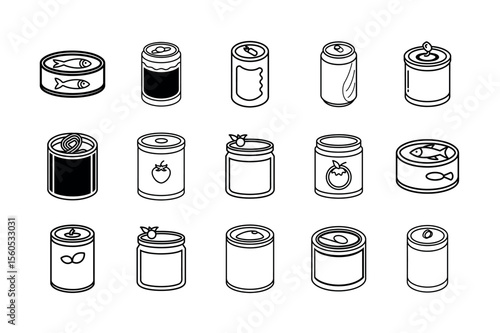 Set of Canned Food Icons on White Background – Vector Illustration for Food Packaging and Storage Concepts