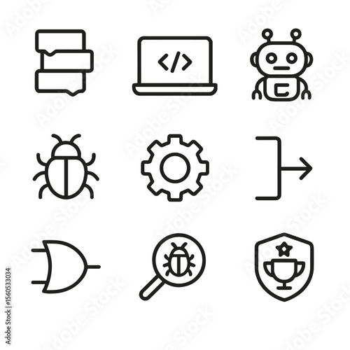 Kids Coding Icon Set. Outline icon set of coding for kids games: code block, laptop screen, robot character, bug icon, gear wheel,