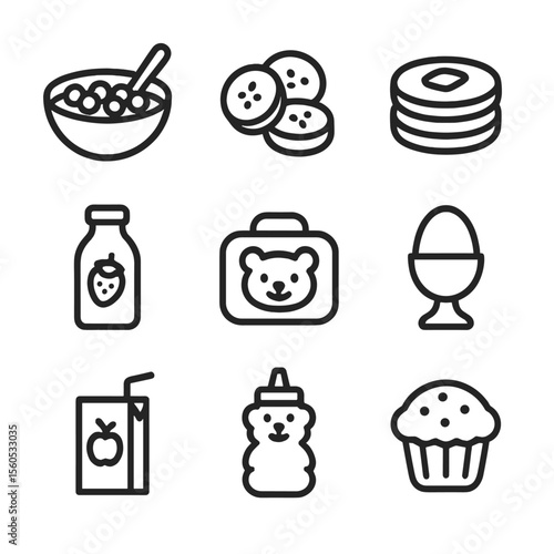 Kids' Breakfast Icons. Outline icon set of kids breakfast favorites: cereal bowl with spoon, banana slices, mini pancakes,