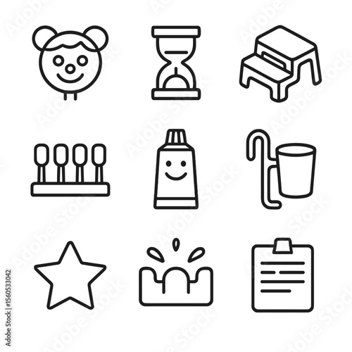 Kids' Toothbrush Icons. Outline icon set of kids’ toothbrush station: cartoon holder head, timer hourglass, step-stool icon, color
