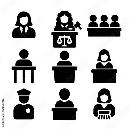 Courtroom Icon Set. Solid, filled icon set of trial participants: lawyer, judge, jury, defendant, plaintiff, court clerk, bailiff,