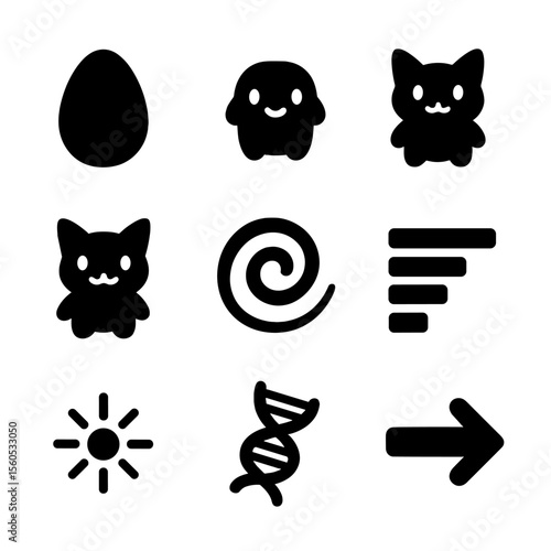 Digital Pet Evolution Icons. Solid, filled icon set of digital pet evolution: growth egg, baby stage, mid-level pet, evolved form,