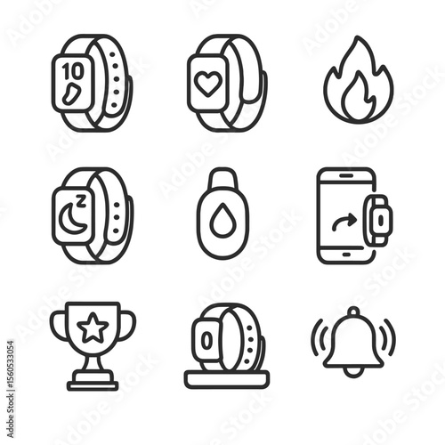 Kids' Fitness Tracker Icons. Outline icon set of kid-friendly fitness trackers: step counter band, heart rate wristband, calorie