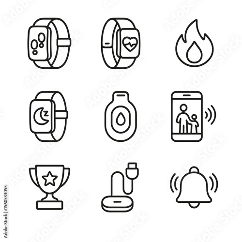 Kids' Fitness Tracker Icons. Outline icon set of kid-friendly fitness trackers: step counter band, heart rate wristband, calorie