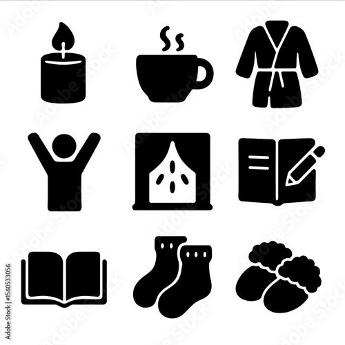 Cozy Morning Icons. Solid, filled icon set of cozy morning rituals: candle, warm drink, light robe, stretching arms, window light,