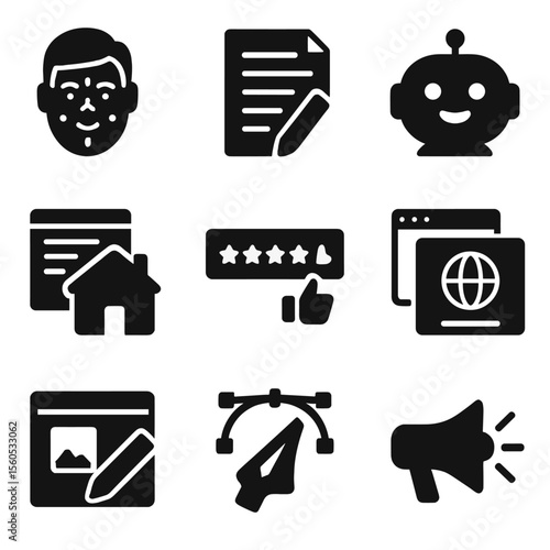 Digital Misinformation Icons. Solid, filled icon set of digital misinformation tools: deepfake face, text generator, AI bot icon,