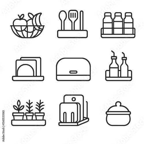 Kitchen Icon Set. Outline icon set of kitchen countertop organization: fruit basket, utensil tray, spice jar caddy, napkin holder,