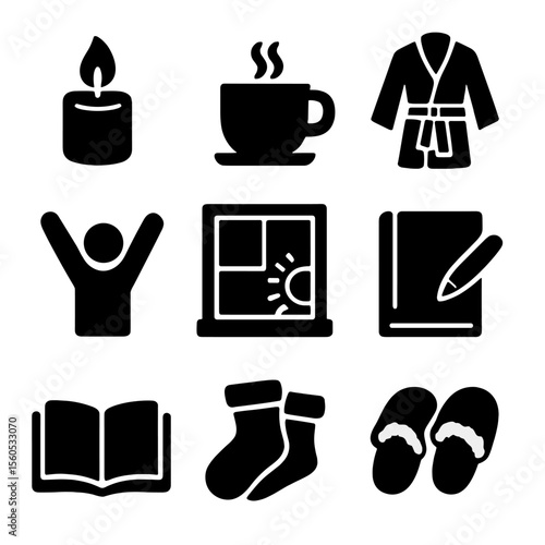 Cozy Morning Icons. Solid, filled icon set of cozy morning rituals: candle, warm drink, light robe, stretching arms, window light,