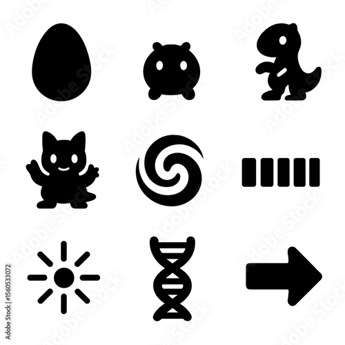 Digital Pet Evolution Icons. Solid, filled icon set of digital pet evolution: growth egg, baby stage, mid-level pet, evolved form,