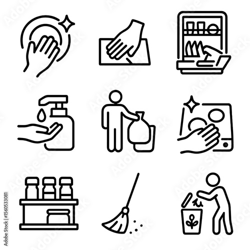 Kitchen Chores Icons. Outline icon set of quick kitchen chores: washing dishes, wiping countertops, loading dishwasher, refilling