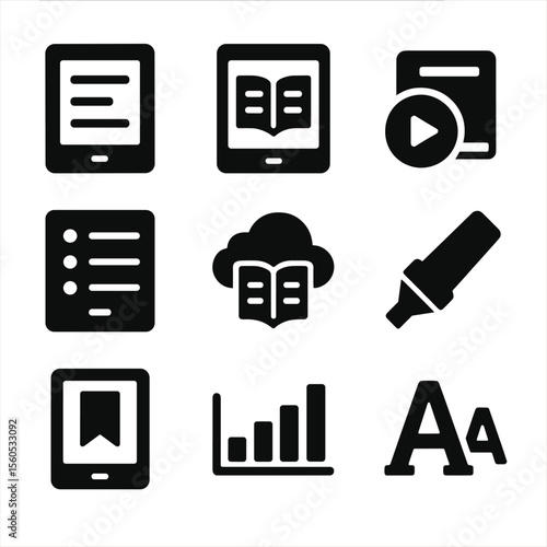 Digital Reading Icons. Solid, filled icon set of digital books and tools: e-reader, tablet book app, audio play button, chapter