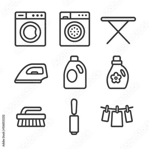 Laundry Room Icons. Outline icon set of laundry room tools: washing machine, dryer, ironing board, iron, detergent bottle, fabric