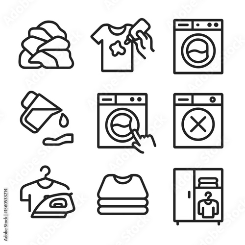 Laundry Process Icons. Outline icon set of laundry workflow stages: sort pile, pre-treat stain, load washer, add detergent, start