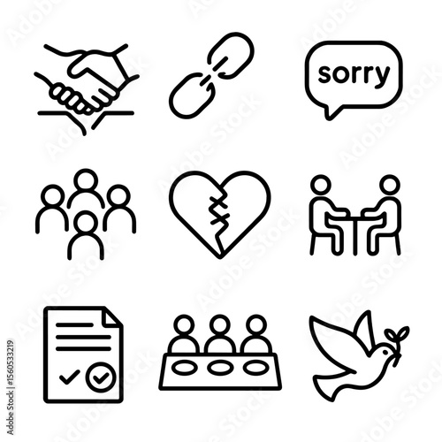 Restorative Justice Icons. Outline icon set of restorative justice practices: handshake across divide, broken chain mending,