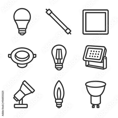 LED Lighting Icons. Outline icon set of LED lighting fixtures: A19 LED bulb, T8 LED tube, flat panel light, recessed downlight,