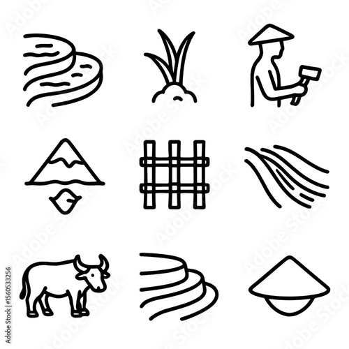 Rice Terrace Icons. Outline icon set of rice paddy terrace waters: flooded terrace, rice seedling, farmer silhouette, mountain