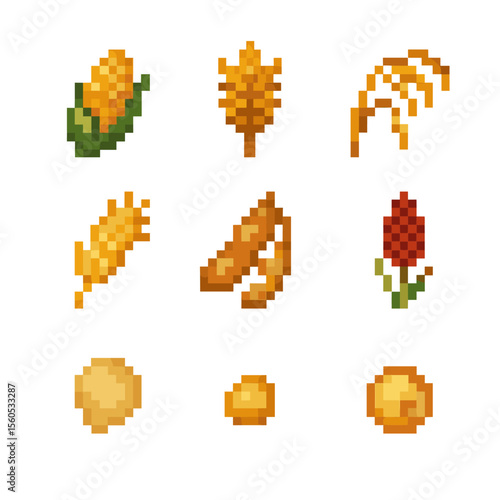 Crop Diversity Icons. Pixel art icon set of crop diversity: maize ear, wheat sheaf, rice panicle, barley head, soybean pod,