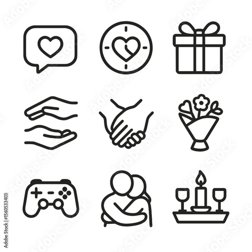 Love Languages Icons. Outline icon set of primary love languages: words-of-affirmation speech bubble, quality-time clock heart,