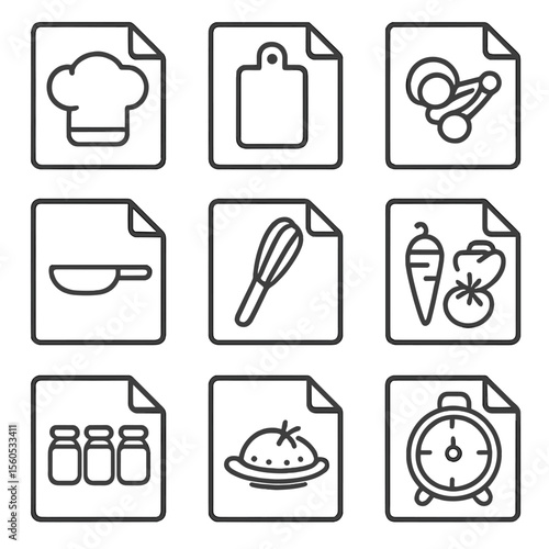Culinary Icon Grid. Outline icon set of recipe book pages: chef hat, chopping board, measuring spoons, skillet, whisk, vegetable