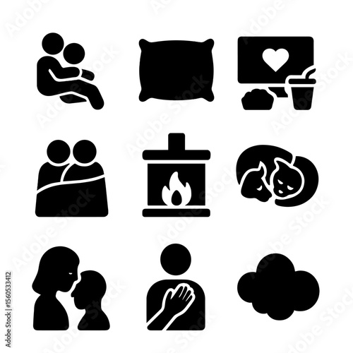 Cuddling Icon Set. Solid, filled icon set of cuddling and connection: spooning figures, soft pillow, movie night icon, shared
