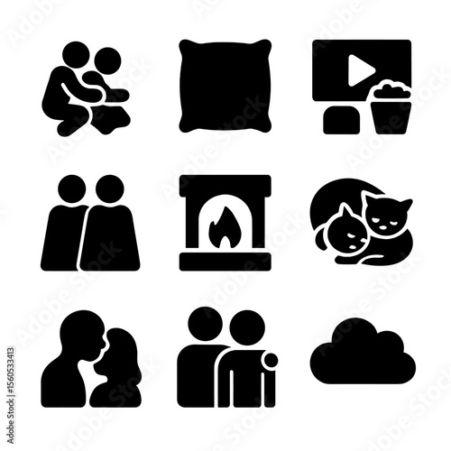 Cuddling Icon Set. Solid, filled icon set of cuddling and connection: spooning figures, soft pillow, movie night icon, shared