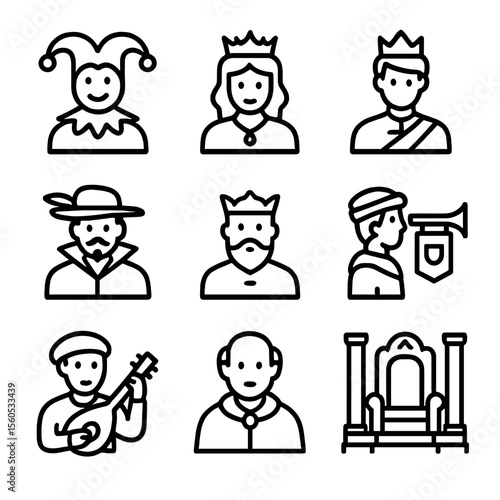 Royal Court Icons. Outline icon set of royal court and nobles: court jester, queen, prince, duke, baron, herald, court musician,