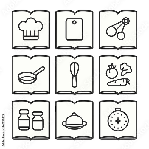 Culinary Icon Grid. Outline icon set of recipe book pages: chef hat, chopping board, measuring spoons, skillet, whisk, vegetable