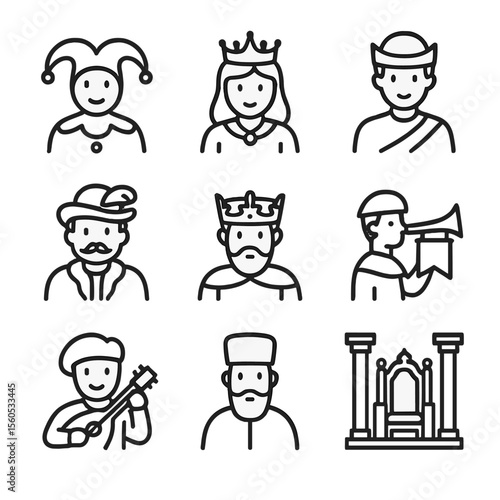 Royal Court Icons. Outline icon set of royal court and nobles: court jester, queen, prince, duke, baron, herald, court musician,