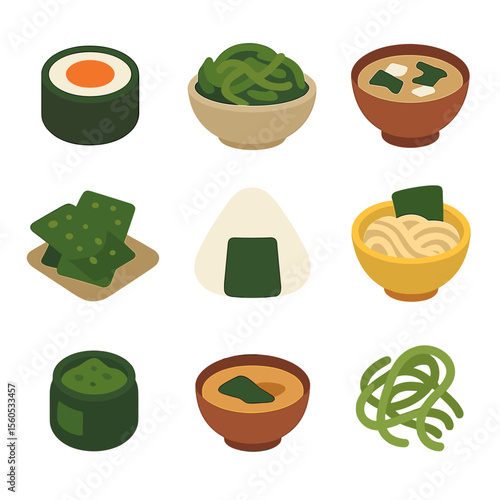 Culinary Seaweed Icons. Flat icon set of culinary seaweed dishes: sushi roll, seaweed salad, miso soup, rice ball wrap, seaweed