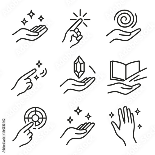 Magical Hand Gestures Icons. Outline icon set of magical hand gestures: open palm with sparkles, pointed finger emitting starburst