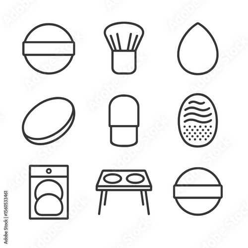 Makeup Icon Set. Outline icon set of makeup applicator accessories: velvet powder puff, kabuki brush, cushion sponge, silicone