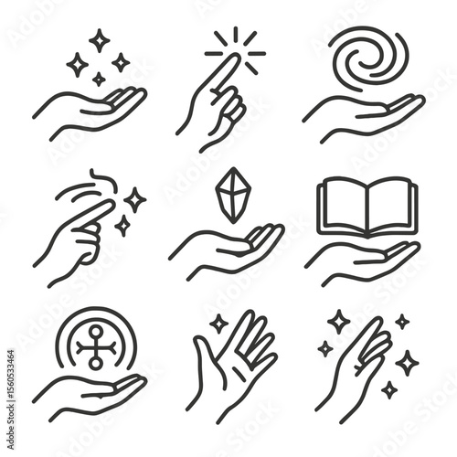 Magical Hand Gestures Icons. Outline icon set of magical hand gestures: open palm with sparkles, pointed finger emitting starburst
