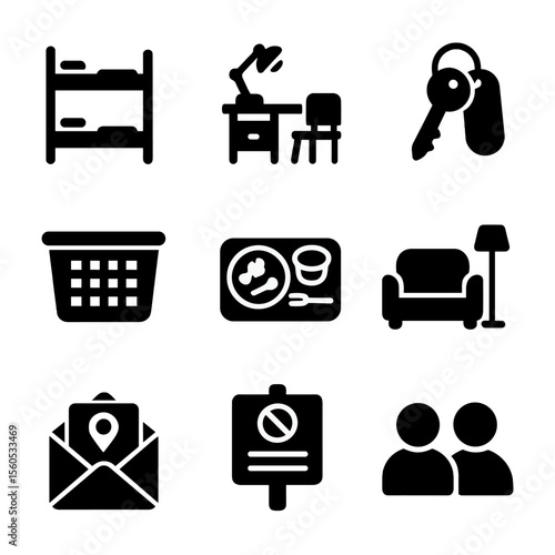 Dorm Life Icons. Solid, filled icon set of international dorm life: bunk bed, student desk, hostel key, laundry basket, dorm meal