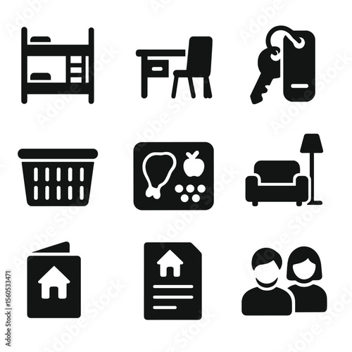 Dorm Life Icons. Solid, filled icon set of international dorm life: bunk bed, student desk, hostel key, laundry basket, dorm meal