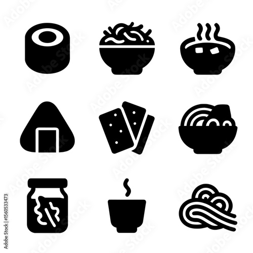 Culinary Seaweed Icons. Solid, Filled icon set of culinary seaweed dishes: sushi roll, seaweed salad, miso soup, rice ball wrap,