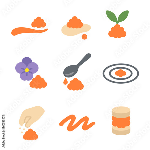 Culinary Plating Icons. Flat icon set of roe plating techniques: swoosh sauce, dot smear, garnish leaf, edible flower, spoon drip,