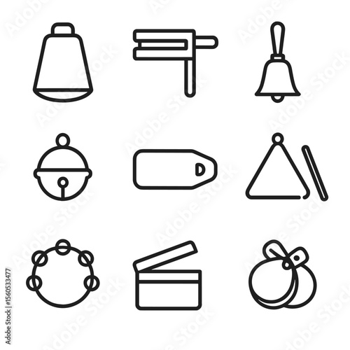 Rural Sound Instruments Icons. Outline icon set of rural sound instruments: cowbell, wooden clapper, handbell, sleigh bell, metal