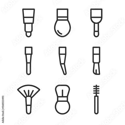 Makeup Brush Icons. Outline icon set of drying makeup brushes: foundation brush, powder brush, eyeshadow brush, blending brush,