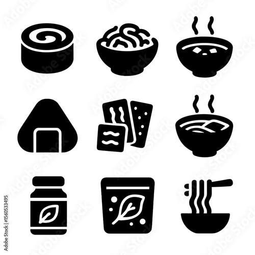 Culinary Seaweed Icons. Solid, Filled icon set of culinary seaweed dishes: sushi roll, seaweed salad, miso soup, rice ball wrap,