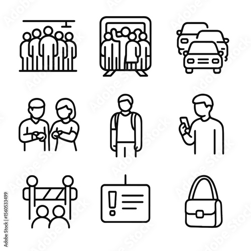 Rush Hour Icons. Outline icon set of rush hour scenes: crowded platform, squeezed train car, bumper-to-bumper cars, people