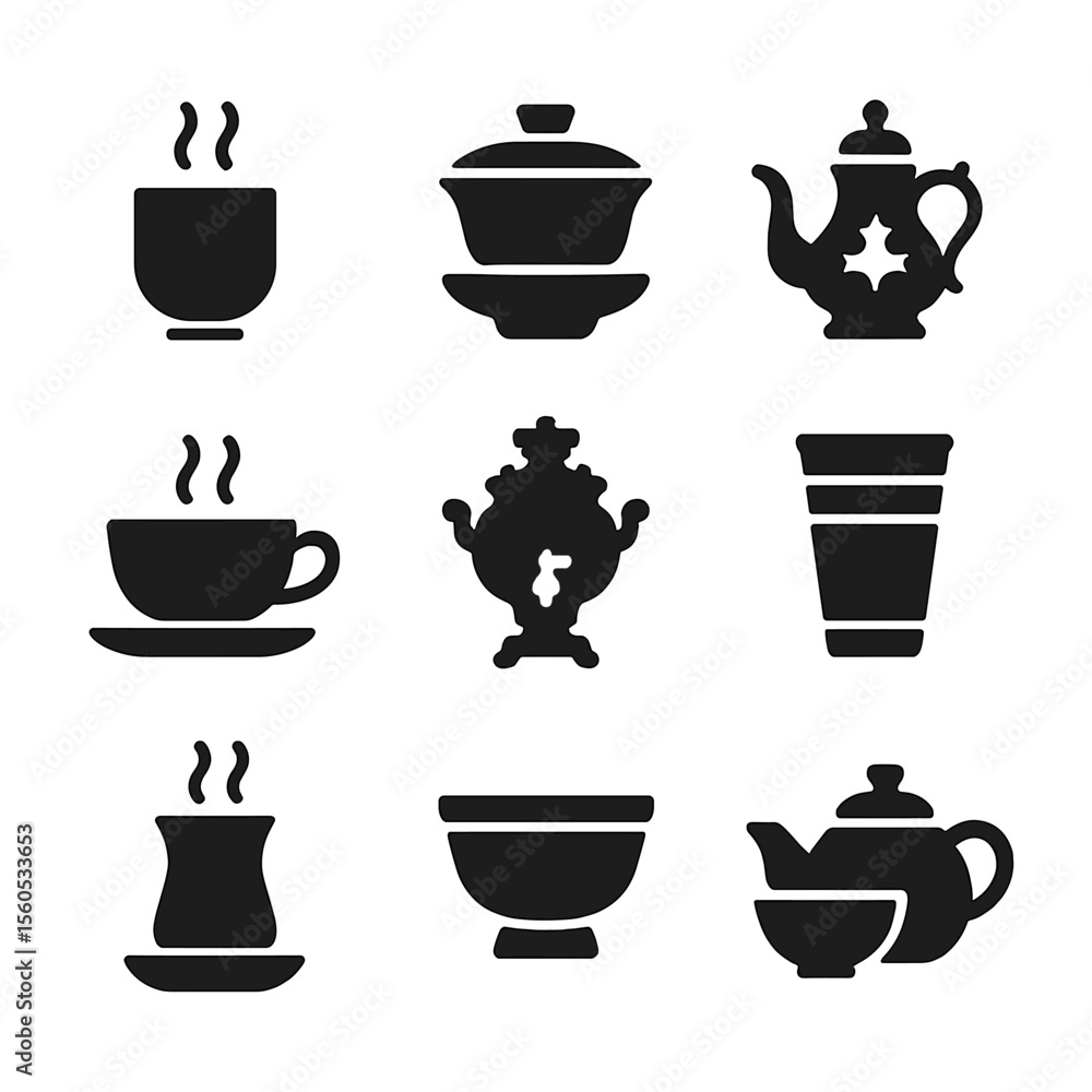 Cultural Tea Icons. Solid, filled icon set of cultural tea rituals: Japanese teacup, Chinese gaiwan, Moroccan teapot, British Cultural Tea Icons. Solid, filled icon set of cultural tea rituals: Japanese teacup, Chinese gaiwan, Moroccan teapot, British